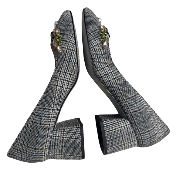 J. Crew Glen Plaid Embellished Block Heel Pumps Pearls Jeweled Square Toe - Picture 8 of 14